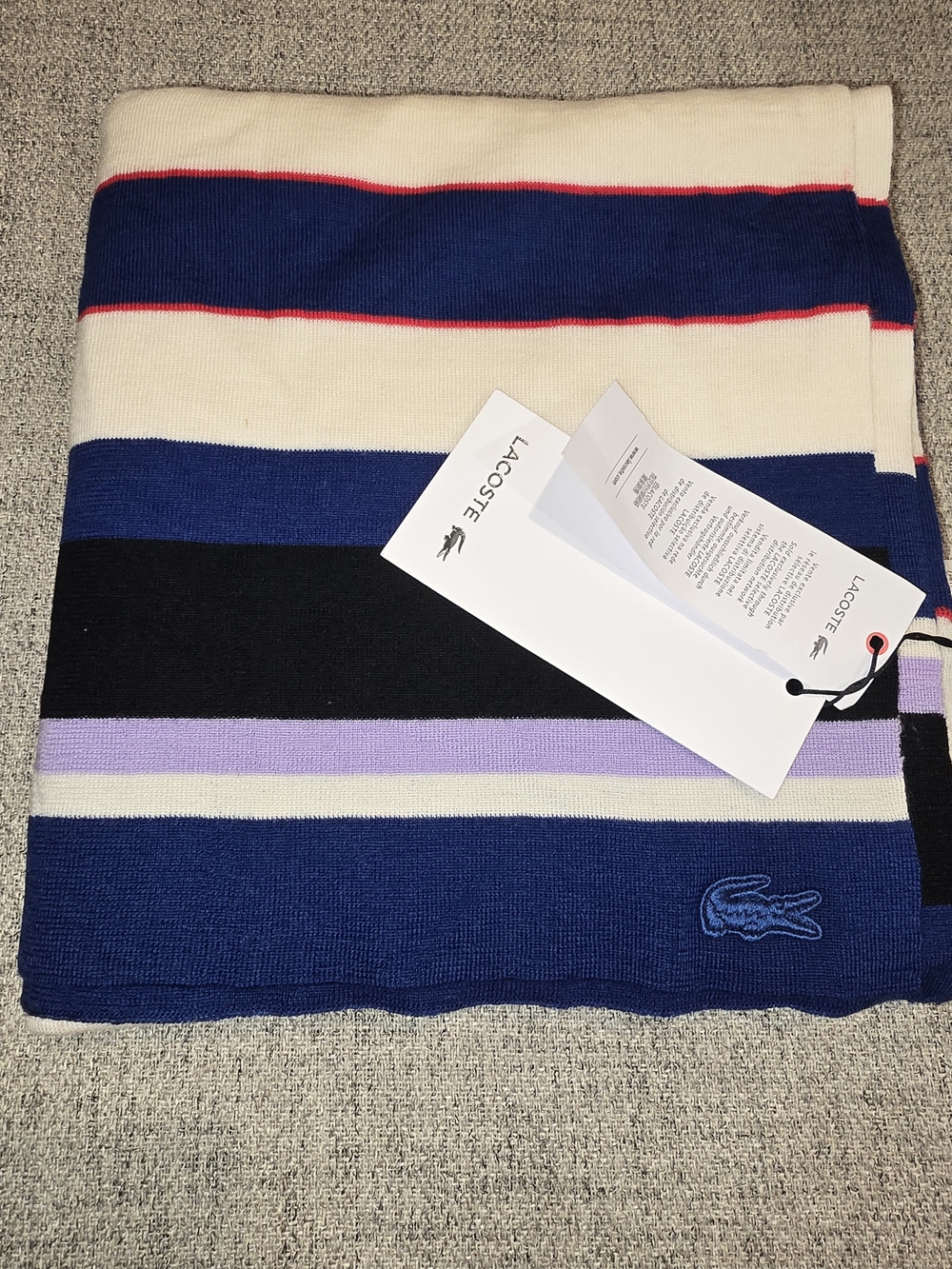 Lacoste Men’s Blue, Cream & Black Striped Knit Scarf